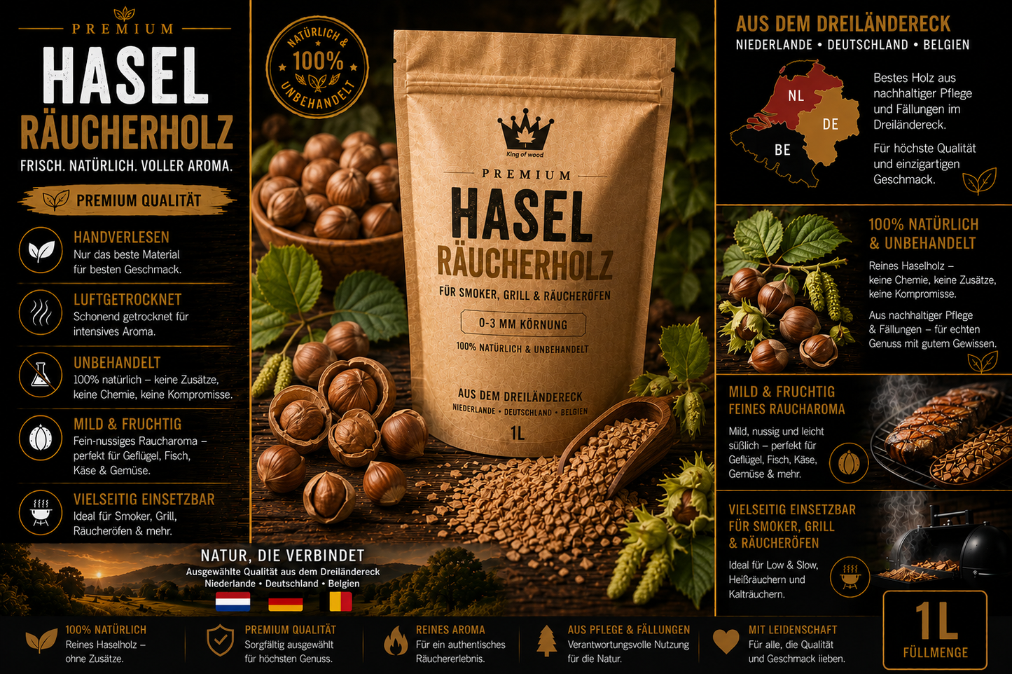 Hasel Räucherholz Premium 0-3mm | Hickory Charakter für Smoker & BBQ (Kopie)