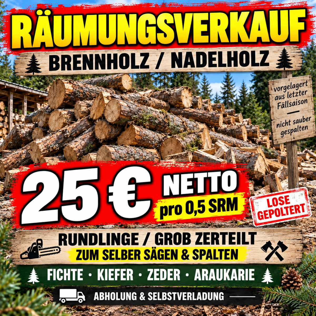 Räumungsverkauf Brennholz Nadelholz – 25 € netto pro 0,5 SRM, nur Selbstabholung