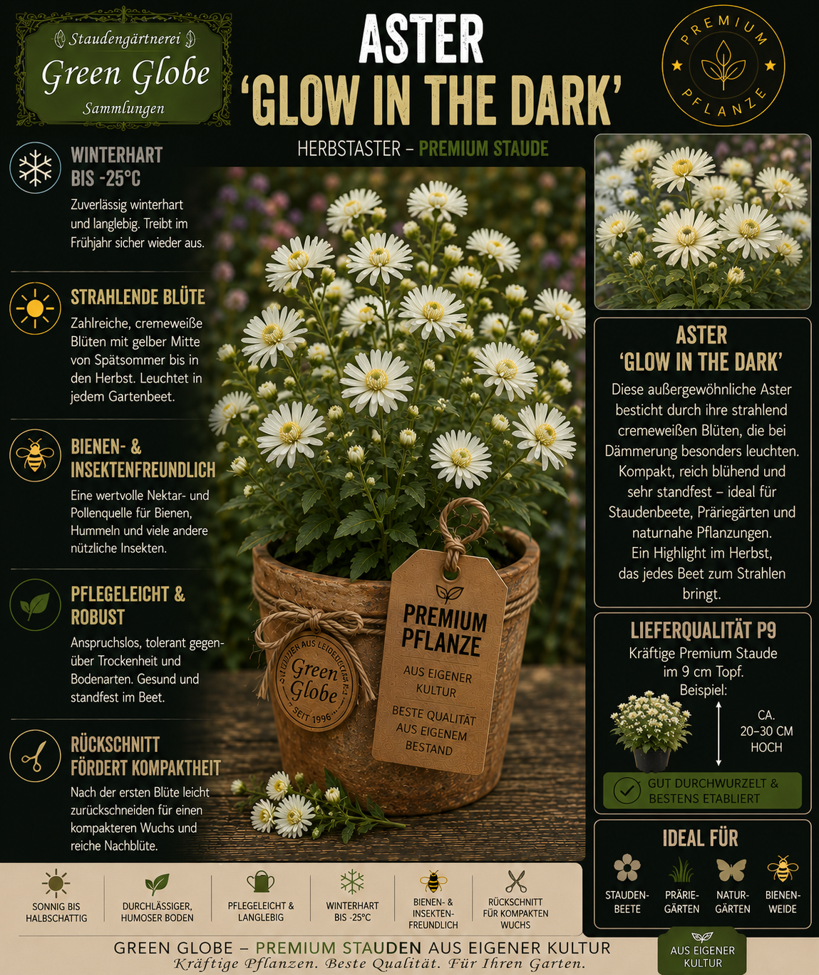 Aster 'Glow in the Dark' – Rarität | Herbstaster | Leuchtende Blüten | Winterhart | Bienenfreundlich | Premium P9