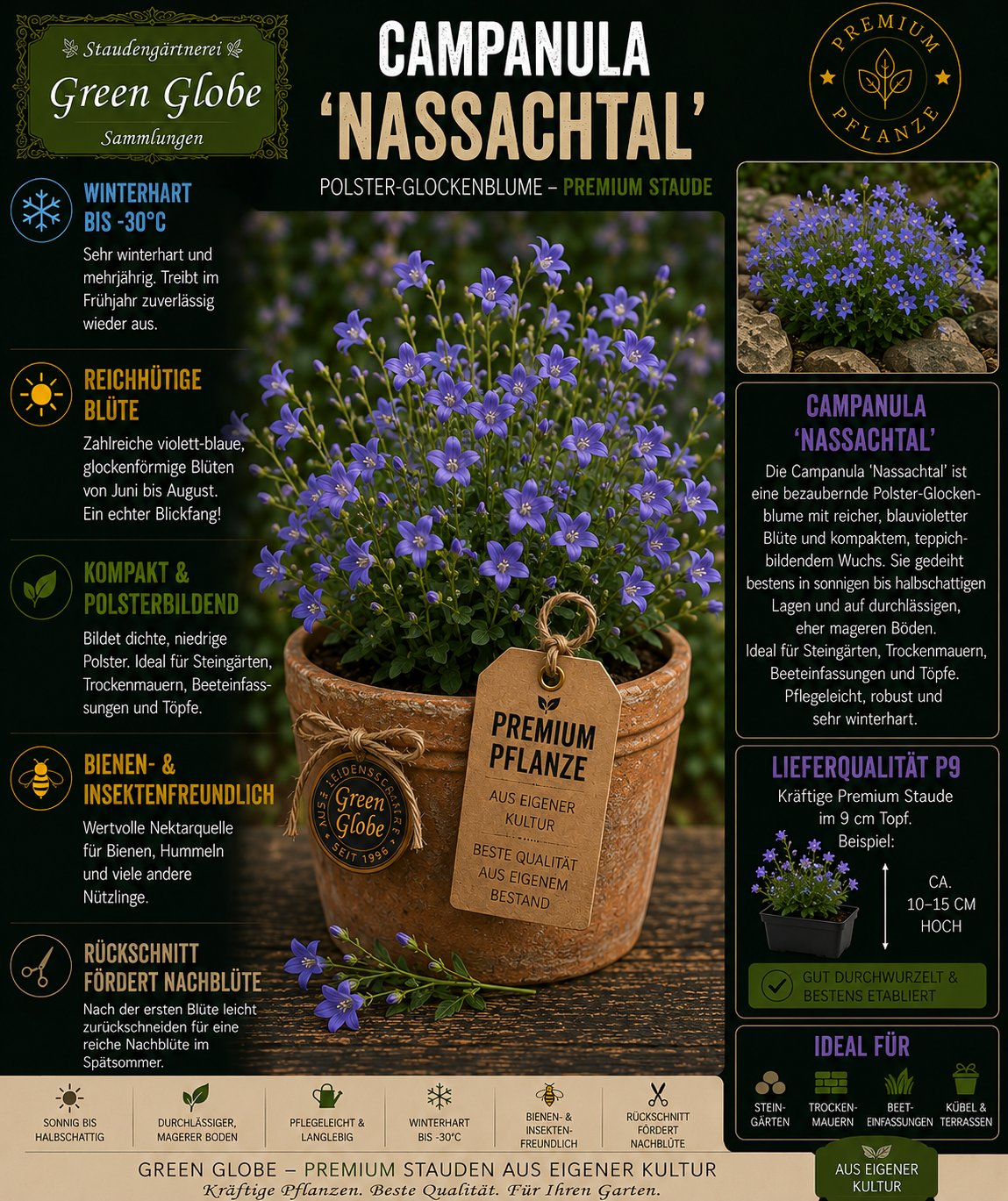 Campanula 'Nassachtal' – Rarität | Glockenblume | Reichblühend | Winterhart | Bienenfreundlich | Premium P9