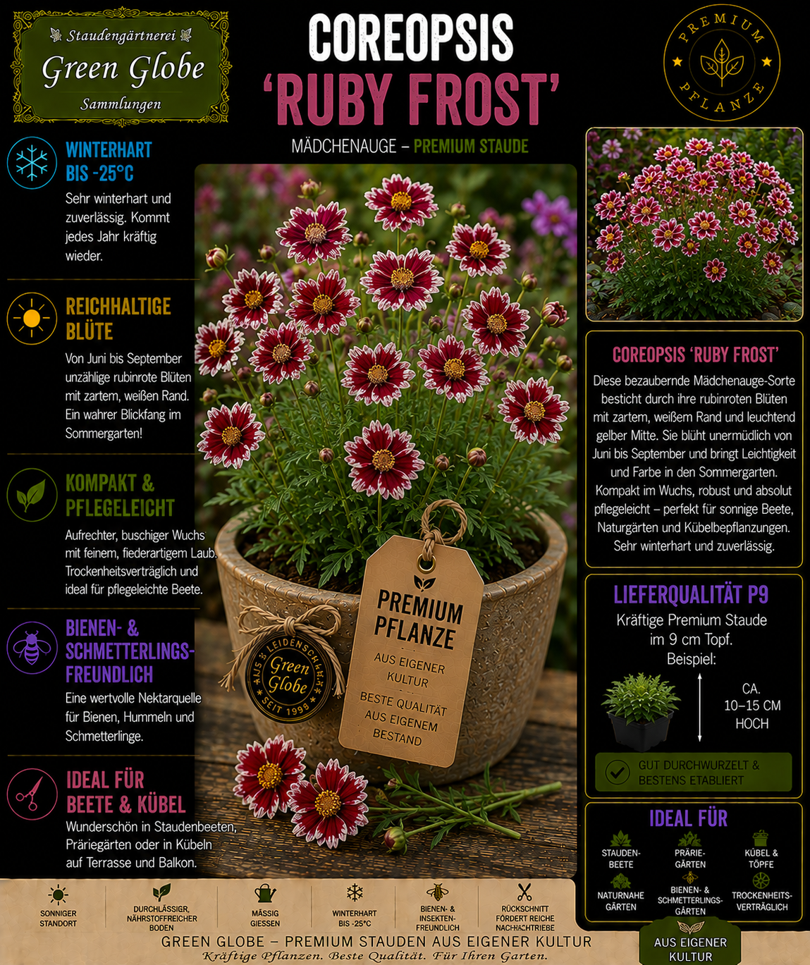 Coreopsis 'Ruby Frost' – Rarität | Mädchenauge | Rubinrote Blüten mit weißem Rand | Winterhart | Bienenfreundlich | Premium P9