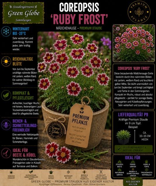 Coreopsis 'Ruby Frost' – Rarität | Mädchenauge | Rubinrote Blüten mit weißem Rand | Winterhart | Bienenfreundlich | Premium P9