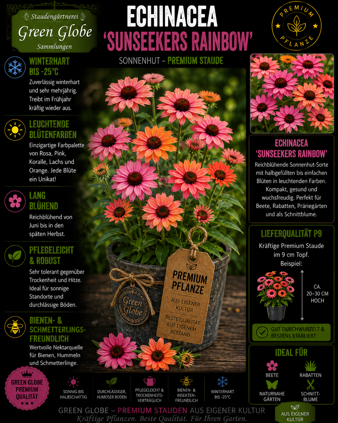 Echinacea 'SunSeekers Rainbow' – Rarität | Sonnenhut | Mehrfarbige Blüten | Winterhart | Bienenfreundlich | Premium P9
