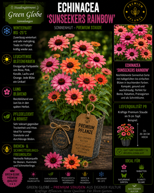 Echinacea 'SunSeekers Rainbow' – Rarität | Sonnenhut | Mehrfarbige Blüten | Winterhart | Bienenfreundlich | Premium P9