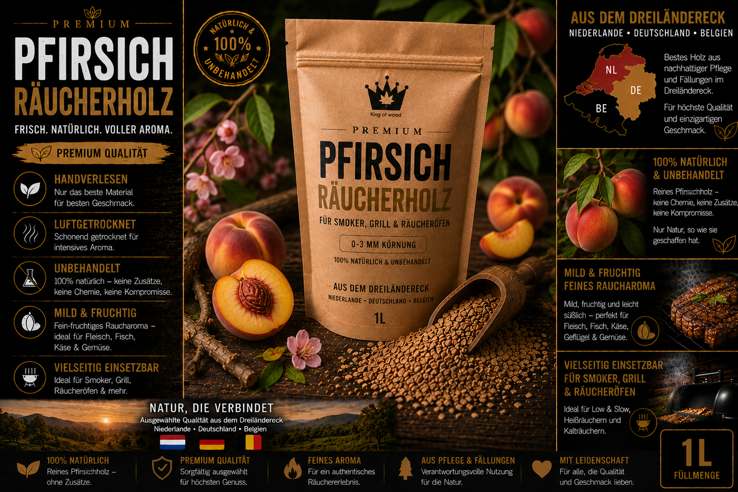 Pfirsich Räucherholz Premium 0-3mm | Mild Fruchtig für Smoker & BBQ
