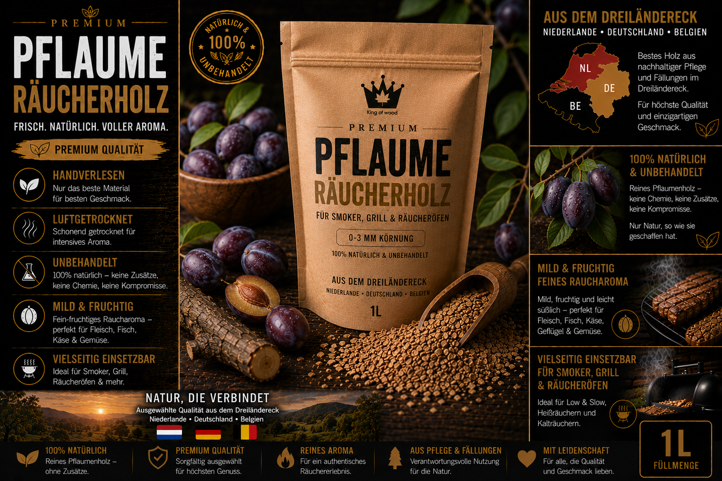 Pflaume Räucherholz Premium 0-3mm | Fruchtig & Mild für Smoker & BBQ
