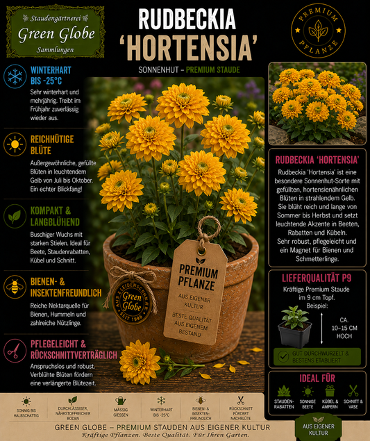 Rudbeckia 'Hortensia' – Rarität | Sonnenhut | Gefüllte goldgelbe Blüten | Winterhart | Bienenfreundlich | Premium P9