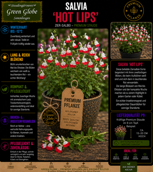 Salvia 'Hot Lips' – Rarität | Ziersalbei | Rot-weiße Blüten | Lange Blüte | Bienenfreundlich | Premium P9