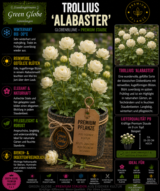Trollius 'Alabaster' – Rarität | Trollblume | Cremeweiße Blüten | Winterhart | Bienenfreundlich | Premium P9