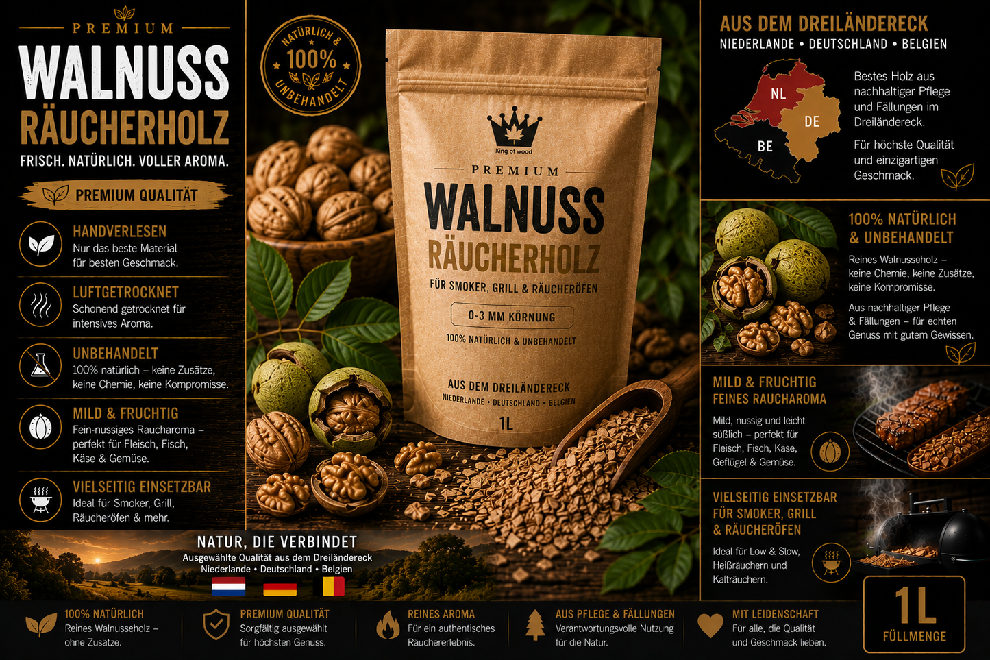 Walnuss Räucherholz Premium 0-3mm | Hickory Charakter für Smoker & BBQ