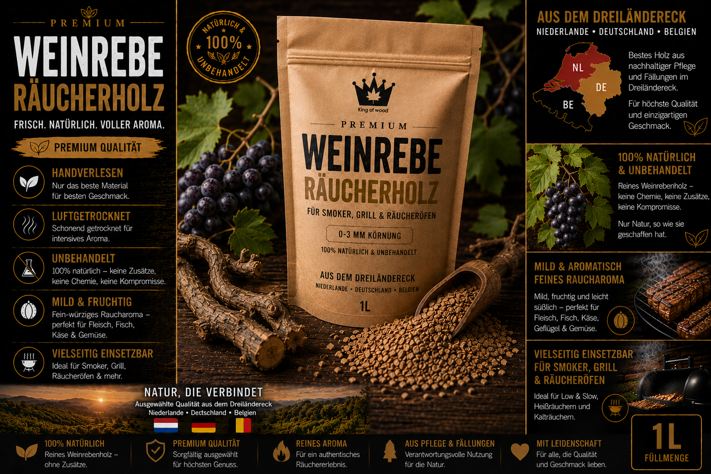 Weinrebe Räucherholz Premium 0-3mm | Exklusives Aroma für Smoker