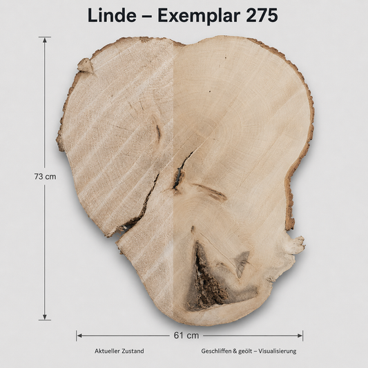 Baumscheibe Linde Exemplar 275 – 73 × 61 cm, roh und geschliffen/geölt visualisiert