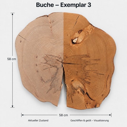 Buche – Exemplar 3: aktueller Zustand und geschliffen & geölt – Visualisierung