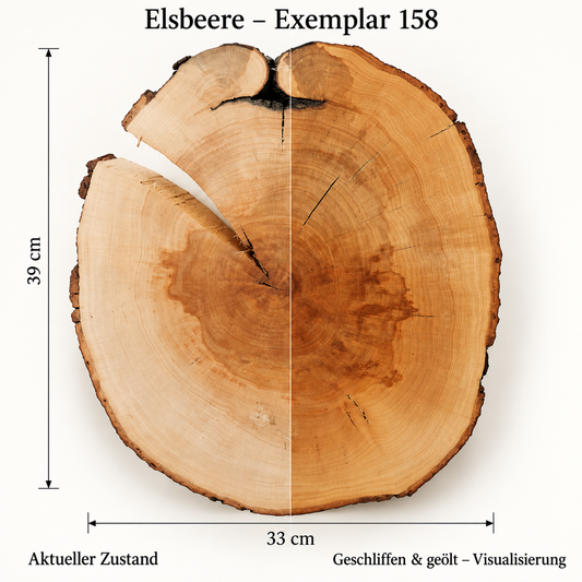 Elsbeere – Exemplar 158: aktueller Zustand und geschliffen & geölt – Visualisierung