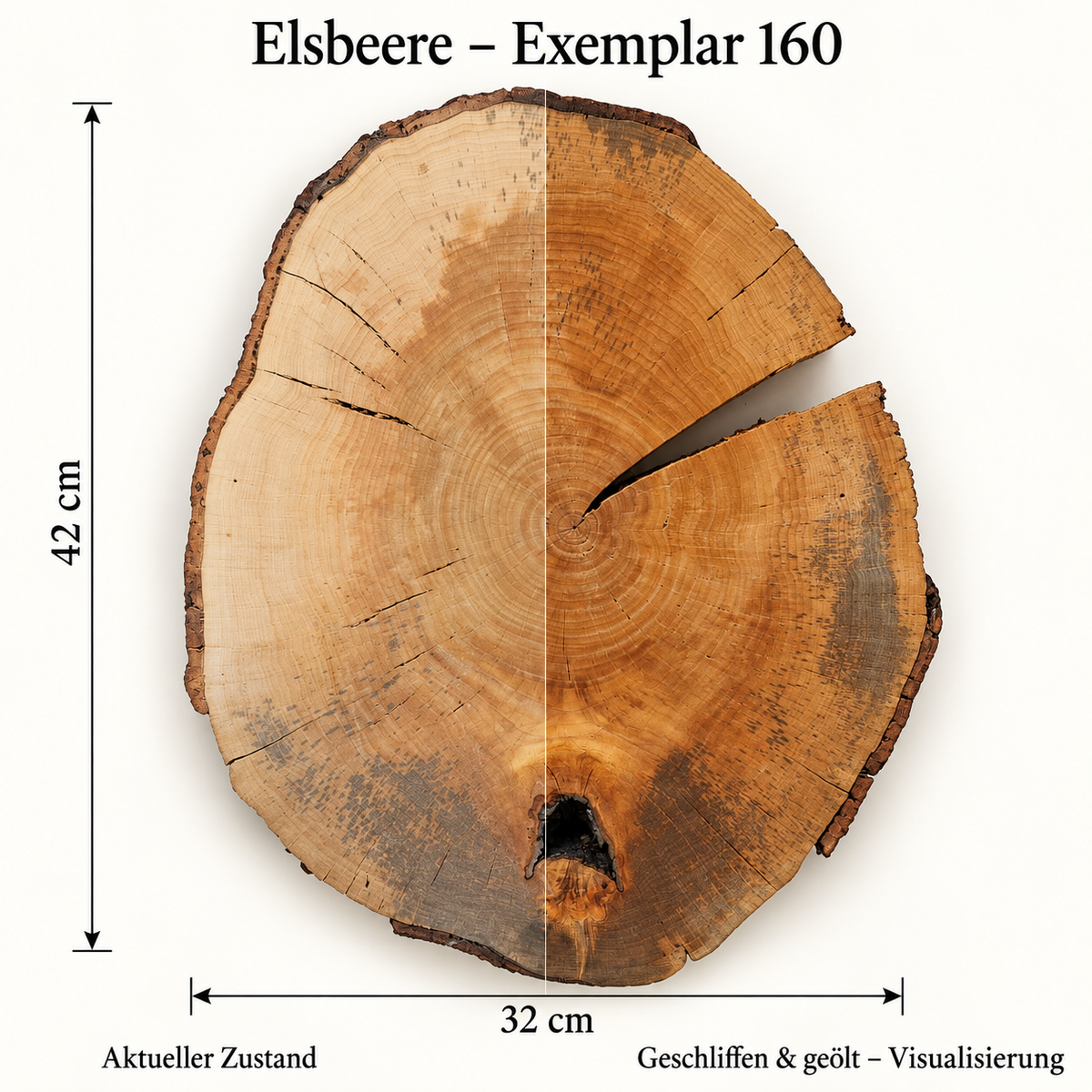 Elsbeere – Exemplar 160: aktueller Zustand und geschliffen & geölt – Visualisierung