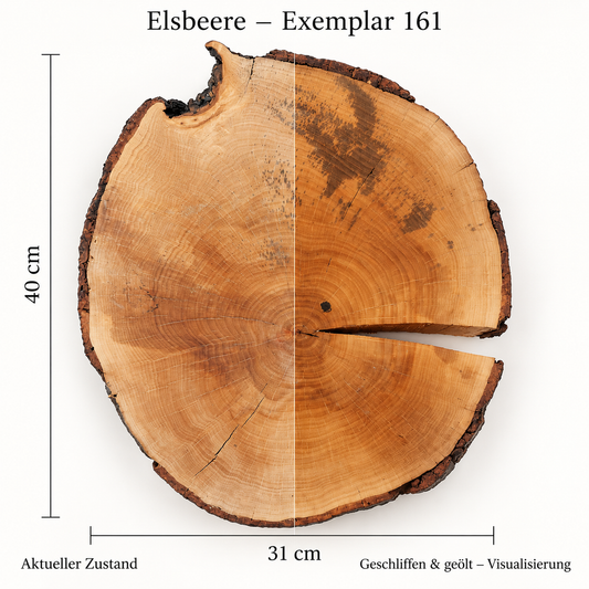 Elsbeere – Exemplar 161: aktueller Zustand und geschliffen & geölt – Visualisierung
