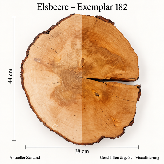 Elsbeere – Exemplar 182: aktueller Zustand und geschliffen & geölt – Visualisierung