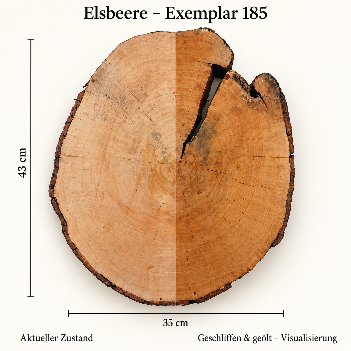 Elsbeere – Exemplar 185: aktueller Zustand und geschliffen & geölt – Visualisierung