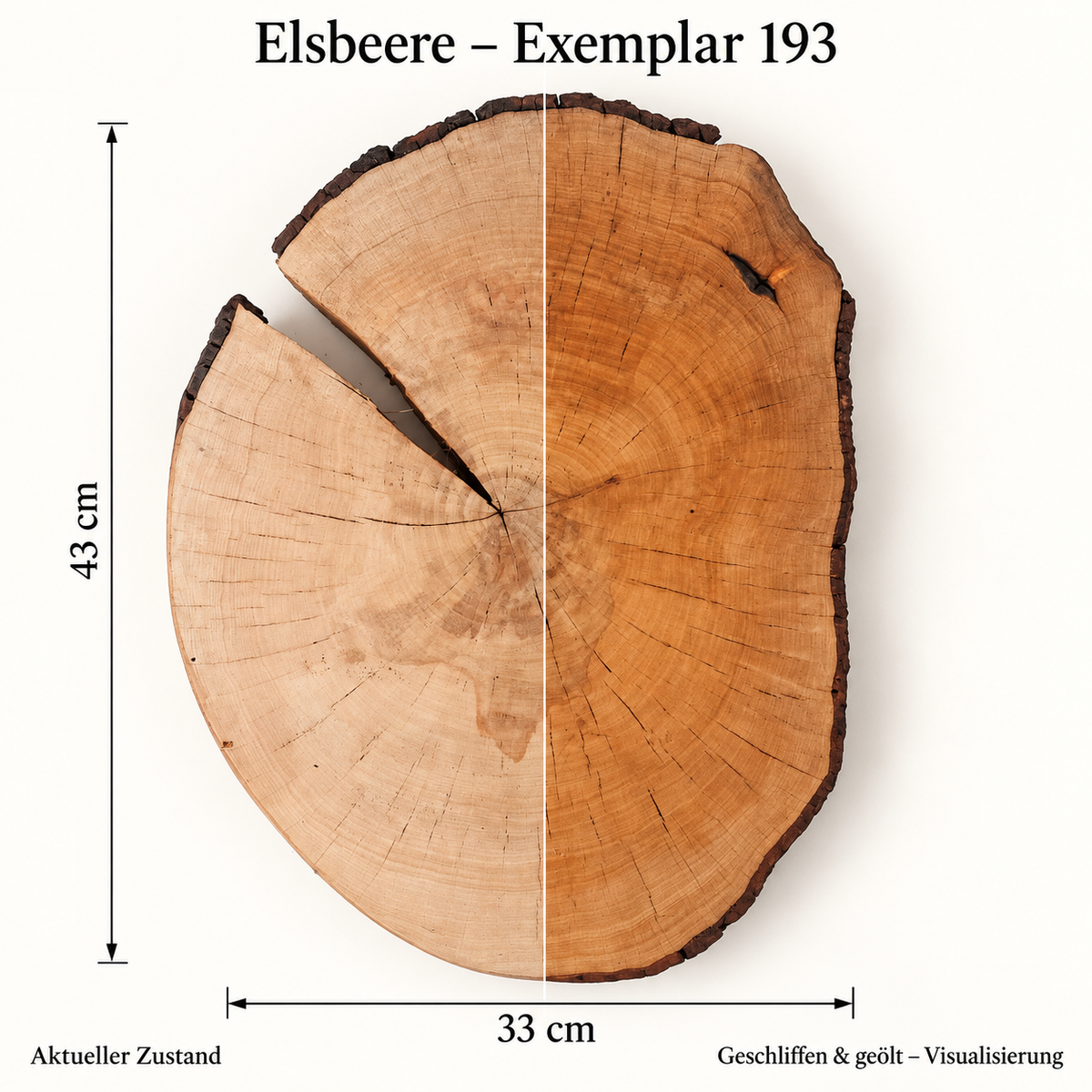 Elsbeere – Exemplar 193: aktueller Zustand und geschliffen & geölt – Visualisierung
