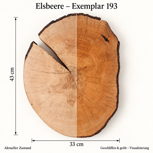 Elsbeere – Exemplar 193: aktueller Zustand und geschliffen & geölt – Visualisierung