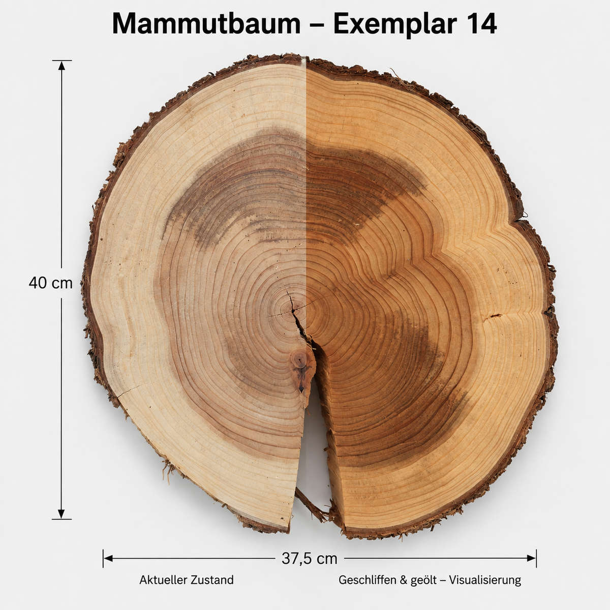 Mammutbaum – Exemplar 14: aktueller Zustand und geschliffen & geölt – Visualisierung