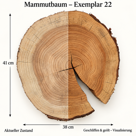 Mammutbaum – Exemplar 22: aktueller Zustand und geschliffen & geölt – Visualisierung