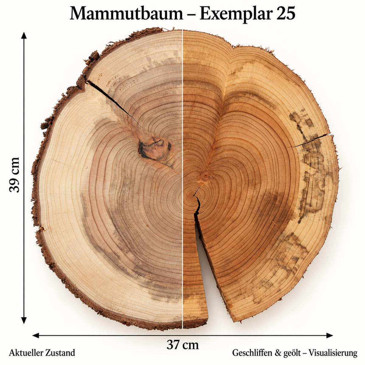 Mammutbaum – Exemplar 25: aktueller Zustand und geschliffen & geölt – Visualisierung