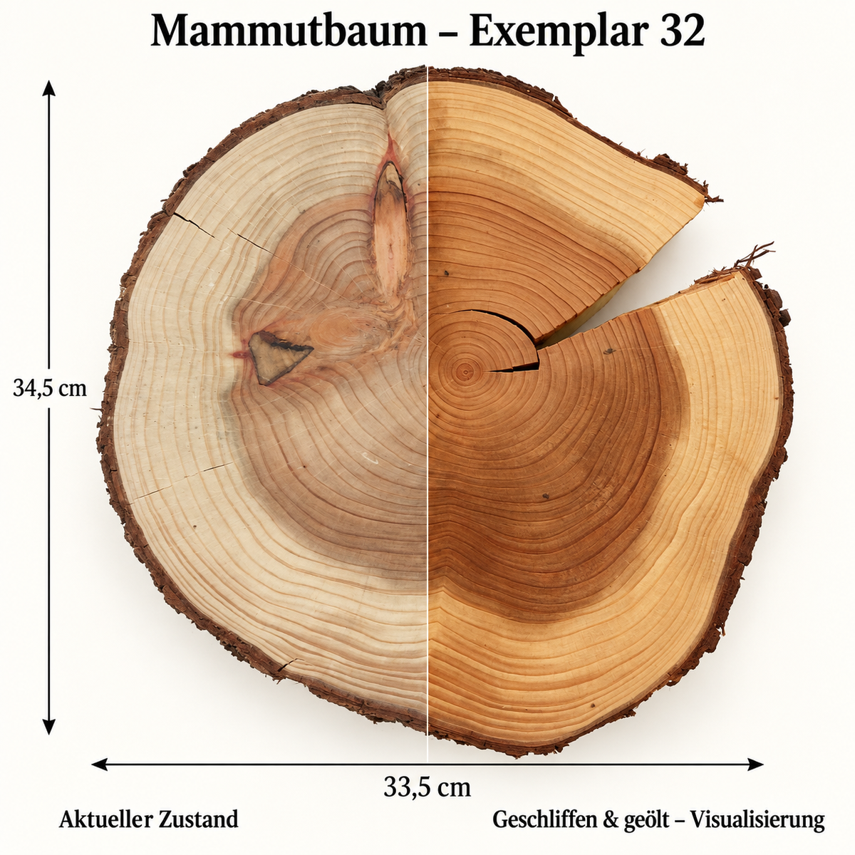 Mammutbaum – Exemplar 32: aktueller Zustand und geschliffen & geölt – Visualisierung