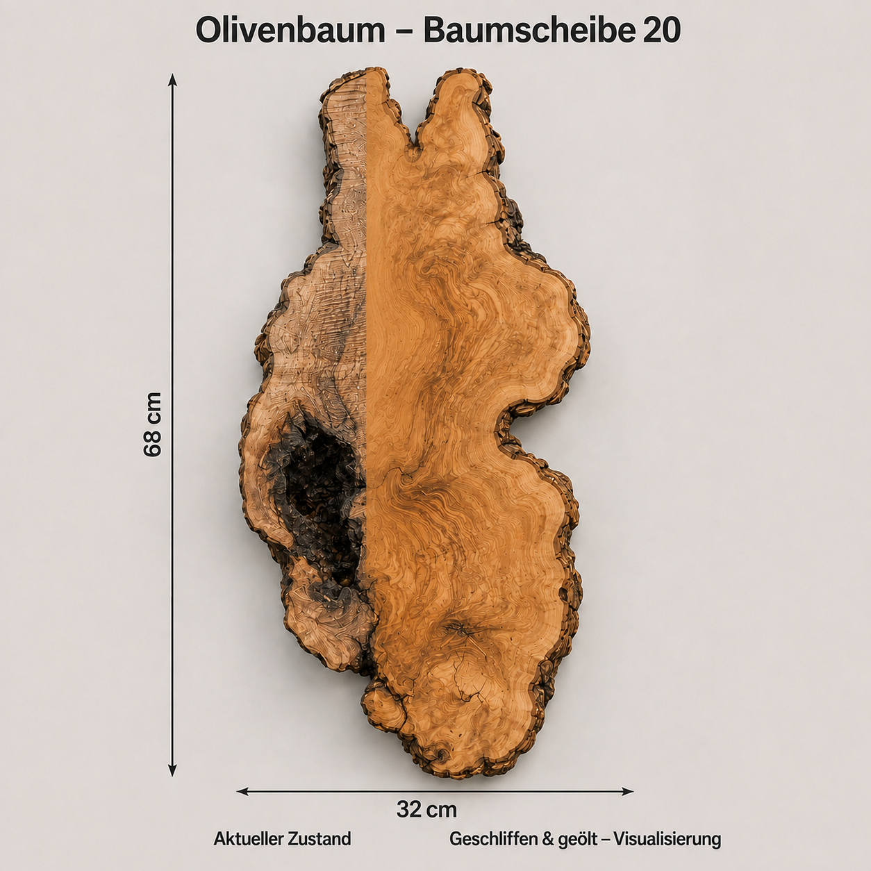 Olive Baumscheibe 20 – Maße, aktueller Zustand und geschliffen/geölt Visualisierung