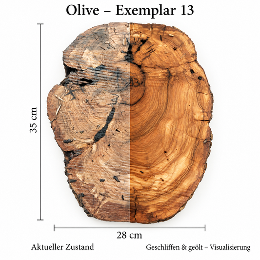Olive – Exemplar 13: aktueller Zustand und geschliffen & geölt – Visualisierung