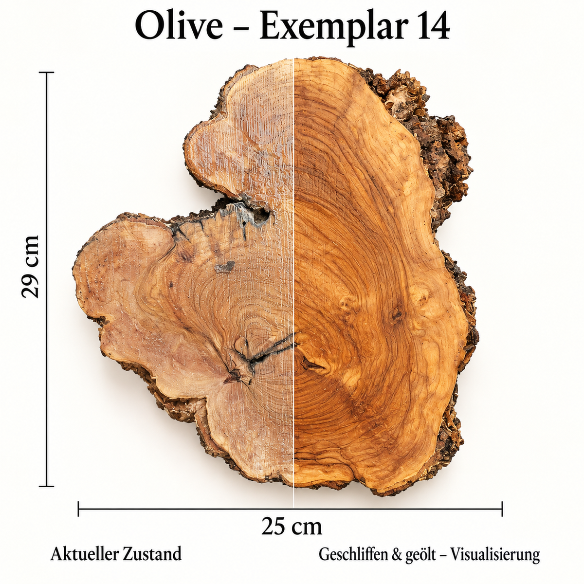 Olive – Exemplar 14: aktueller Zustand und geschliffen & geölt – Visualisierung