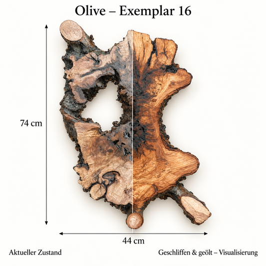 Olive – Exemplar 16: aktueller Zustand und geschliffen & geölt – Visualisierung