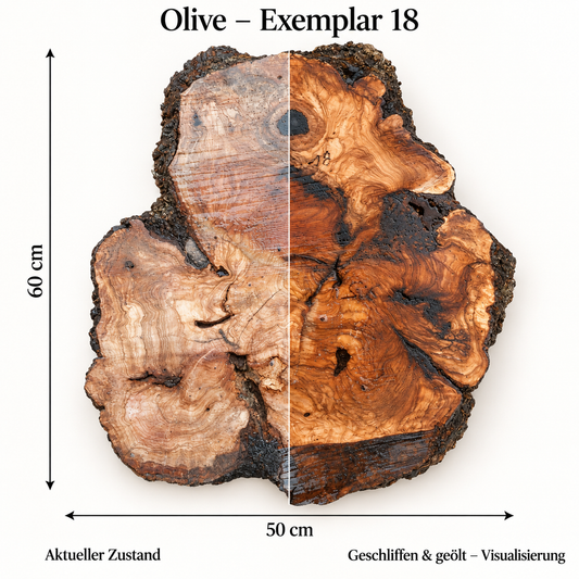 Olive – Exemplar 18: aktueller Zustand und geschliffen & geölt – Visualisierung