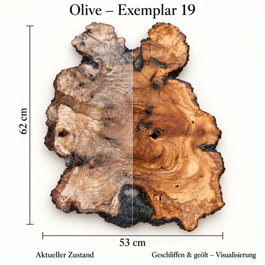Olive – Exemplar 19: aktueller Zustand und geschliffen & geölt – Visualisierung