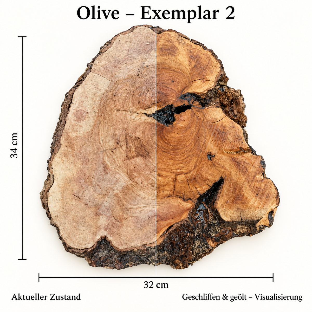 Olive – Exemplar 2: aktueller Zustand und geschliffen & geölt – Visualisierung