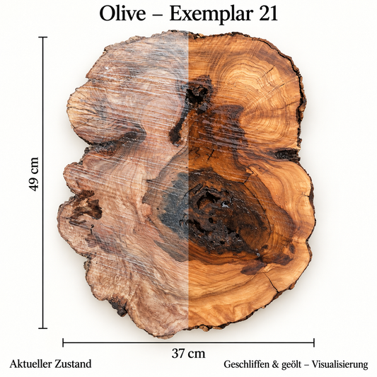 Olive – Exemplar 21: aktueller Zustand und geschliffen & geölt – Visualisierung
