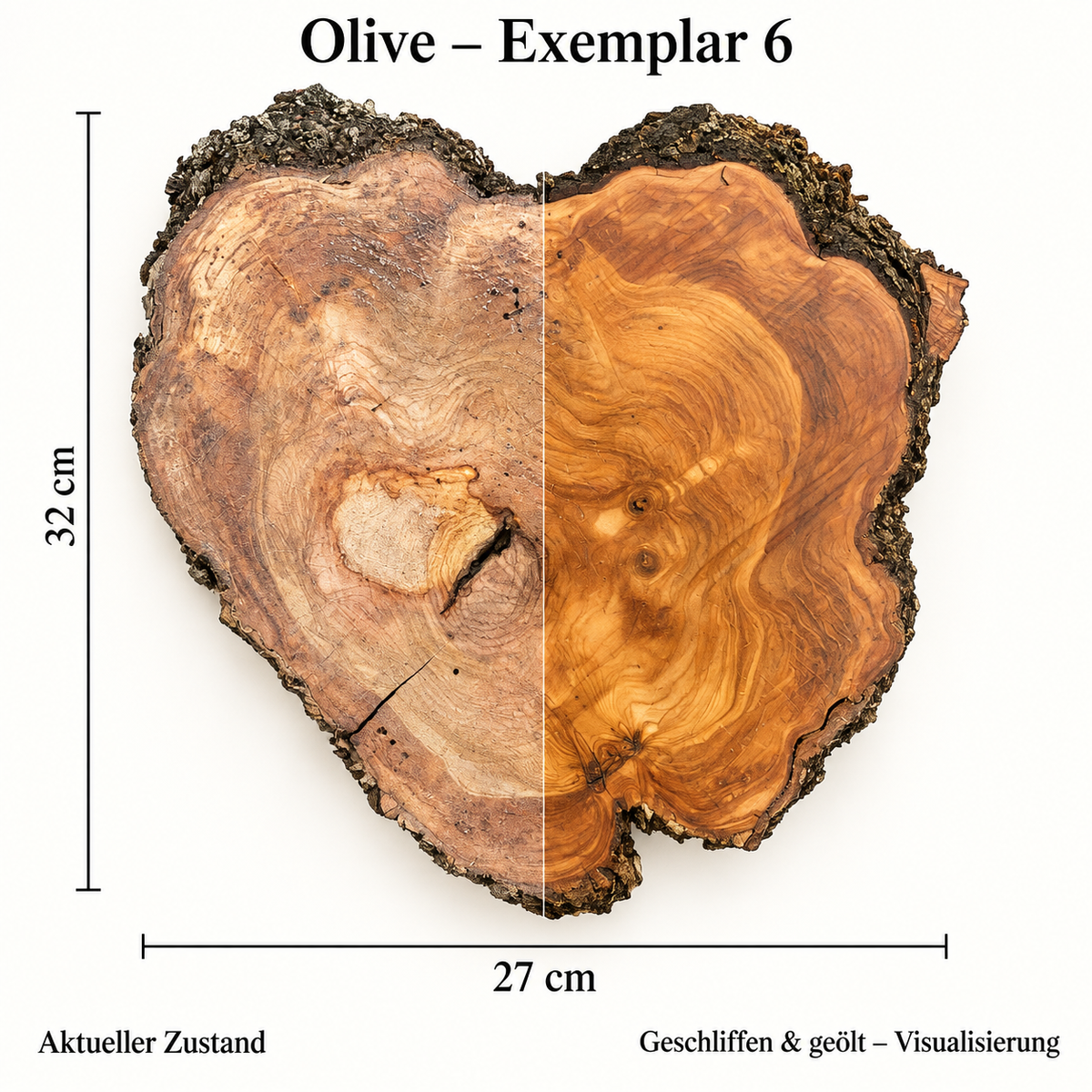 Olive – Exemplar 6: aktueller Zustand und geschliffen & geölt – Visualisierung
