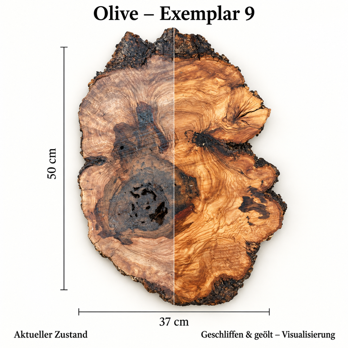 Olive – Exemplar 9: aktueller Zustand und geschliffen & geölt – Visualisierung