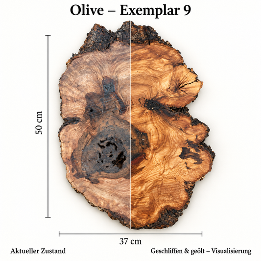 Olive – Exemplar 9: aktueller Zustand und geschliffen & geölt – Visualisierung
